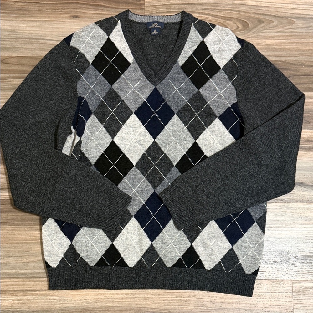 Brooks Brothers 100% Lambswool Argyle V-Neck Sweater Men’s Sz. XL Black Gray